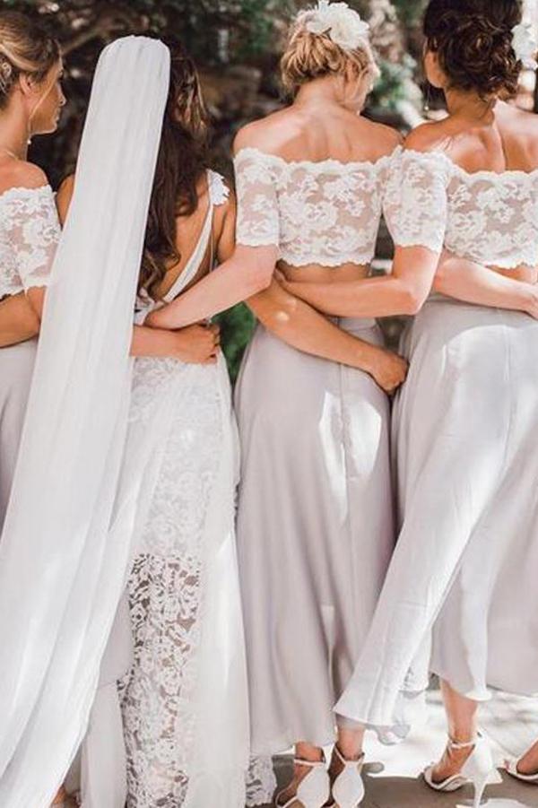 Beautiful Chiffon Lace Top Two pieces Short Sleeve Beach Wedding Bridesmaid Dress, MB200 Beautiful Chiffon Lace Top Two pieces Short Sleeve Beach Wedding Bridesmaid Dress, MB200