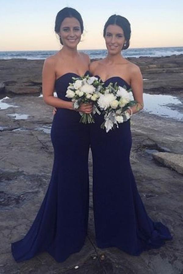 Navy Blue Sweetheart Pleats Mermaid Bridesmaid Dresses With Sweep Train, MB199 Navy Blue Sweetheart Pleats Mermaid Bridesmaid Dresses With Sweep Train, MB199