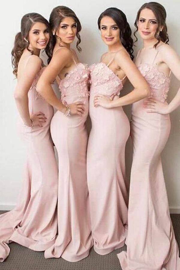 Light Pink Mermaid Spaghetti Straps Sweetheart Bridesmaid Dresses with Appliques, MB170 Light Pink Mermaid Spaghetti Straps Sweetheart Bridesmaid Dresses with Appliques, MB170