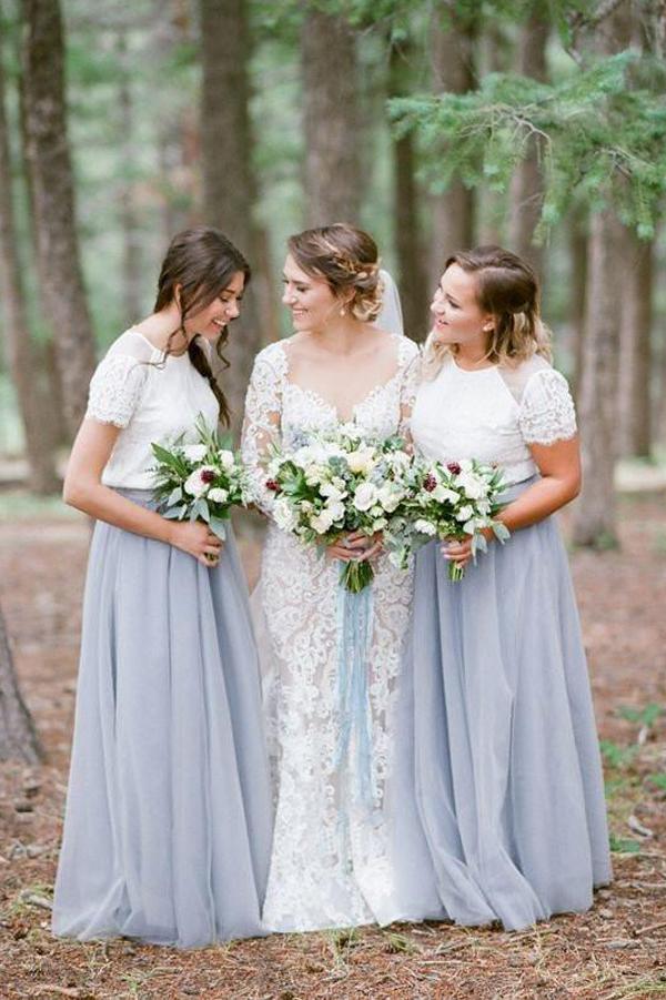 Light Grey Tulle Skirt White Top Short Sleeve Long Bridesmaid Dresses, MB169 Light Grey Tulle Skirt White Top Short Sleeve Long Bridesmaid Dresses, MB169