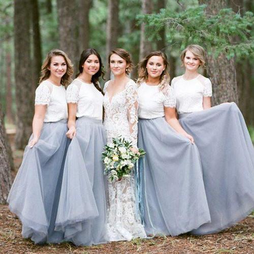 Light Grey Tulle Skirt White Top Short Sleeve Long Bridesmaid Dresses, MB169 Light Grey Tulle Skirt White Top Short Sleeve Long Bridesmaid Dresses, MB169