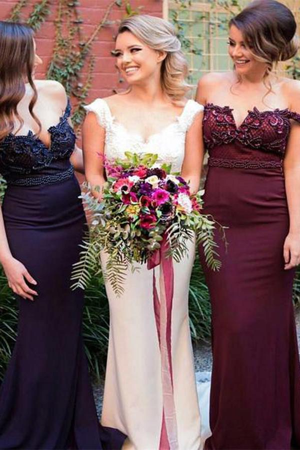 Burgundy Pink Navy Stunning Mermaid Off Shoulder Bridesmaid Dresses with Train, MB114 Burgundy Pink Navy Stunning Mermaid Off Shoulder Bridesmaid Dresses with Train, MB114
