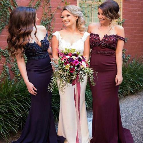 Burgundy Pink Navy Stunning Mermaid Off Shoulder Bridesmaid Dresses with Train, MB114 Musebridals Burgundy Pink Navy Stunning Mermaid Off Shoulder Bridesmaid Dresses with Train, MB114 Musebridals