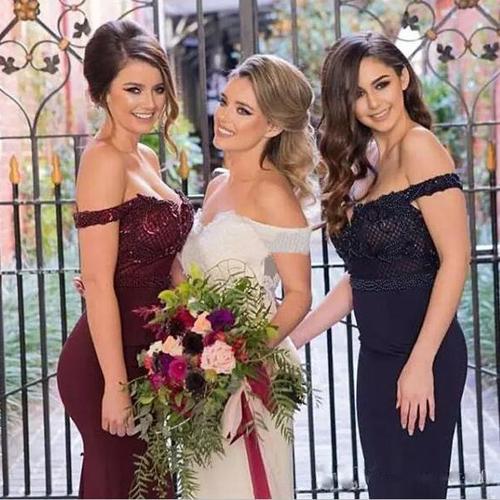 Burgundy Pink Navy Stunning Mermaid Off Shoulder Bridesmaid Dresses with Train, MB114 Musebridals Burgundy Pink Navy Stunning Mermaid Off Shoulder Bridesmaid Dresses with Train, MB114 Musebridals