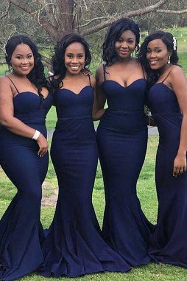 Navy Blue Satin Spaghetti Straps Mermaid Sweetheart Long Bridesmaid Dresses, MB182 Navy Blue Satin Spaghetti Straps Mermaid Sweetheart Long Bridesmaid Dresses, MB182