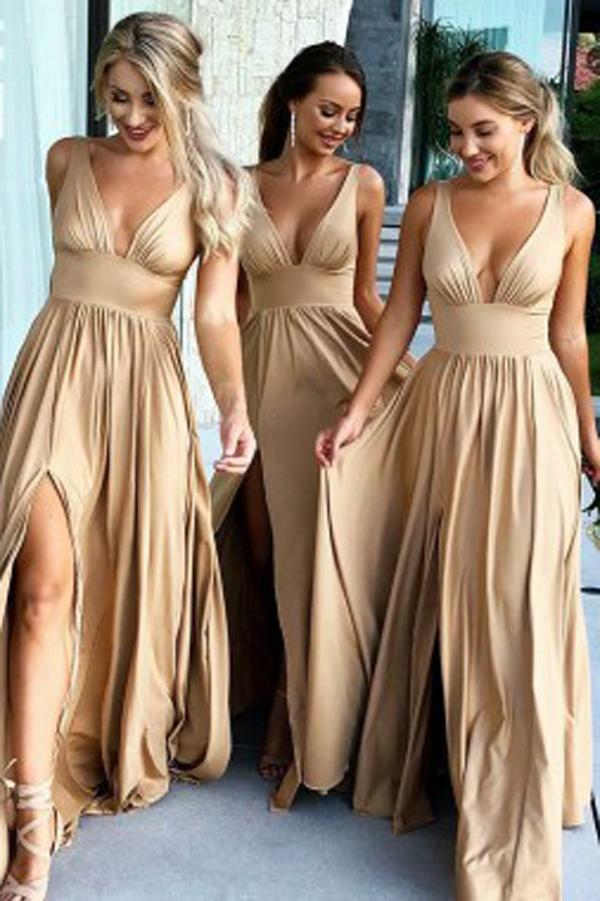Simple Cheap A-Line V-Neck Floor-Length Long Bridesmaid Dress with Slit,  MB203
