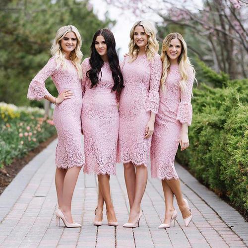 Fashion Pink Sheath Jewel Lace Knee Length Long Sleeve Bridesmaid Dresses, MB189 Fashion Pink Sheath Jewel Lace Knee Length Long Sleeve Bridesmaid Dresses, MB189