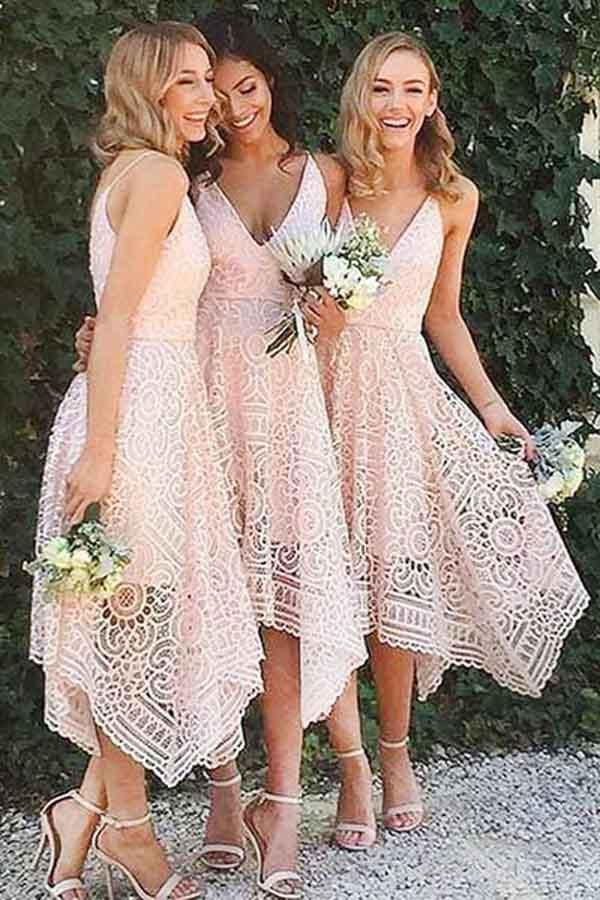 Dusty Pink Lace Mismatched High Low Fashion Bridesmaid Dresses