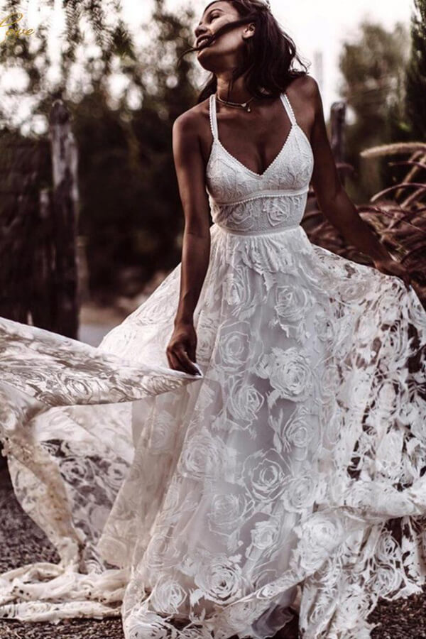 A-line V-neck Lace Straps Long Wedding Dresses, MW523 | Musebridals A-line V-neck Lace Straps Long Wedding Dresses, MW523 | Musebridals