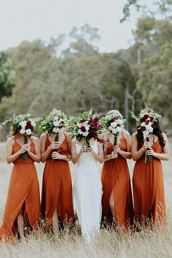 Beautiful Dark Orange A-line Spaghetti Straps Bridesmaid Dress With Split, MBD146 Beautiful Dark Orange A-line Spaghetti Straps Bridesmaid Dress With Split, MBD146
