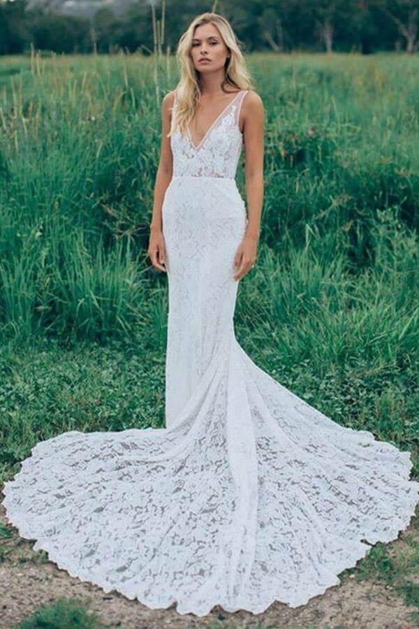 Beautiful Lace Sheath V Neck Wedding Dress, Bridal Dress With Train, MW528 Beautiful Lace Sheath V Neck Wedding Dress, Bridal Dress With Train, MW528