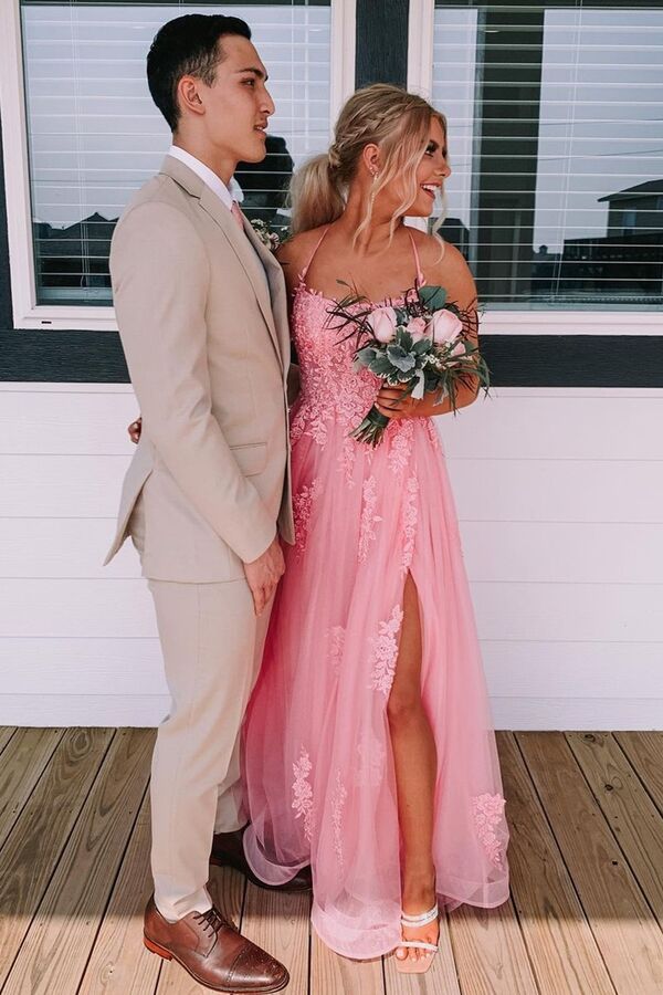 Beautiful Pink Tulle Lace A-line Backless Long Prom Dresses With Side Slit, MP694 | lace prom dresses | a line prom dresses | long formal dresses | www.musebridals.com