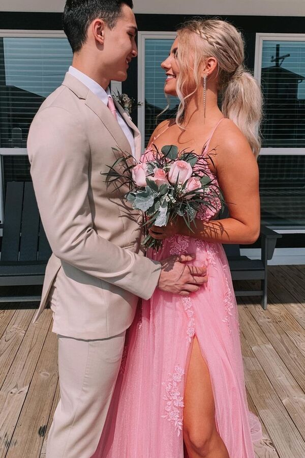 Beautiful Pink Tulle Lace A-line Backless Long Prom Dresses With Side Slit, MP694 | cheap lace prom dress | evening gown | party dresses | www.musebridals.com