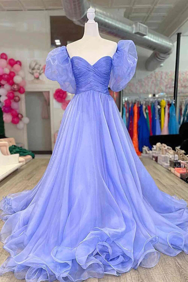 Beautiful Tulle A-line Blue Puff Sleeves Long Prom Dress, Evening Dress, MP765 | Long formal dresses | new arrival prom dresses | evening dresses | musebridals.com