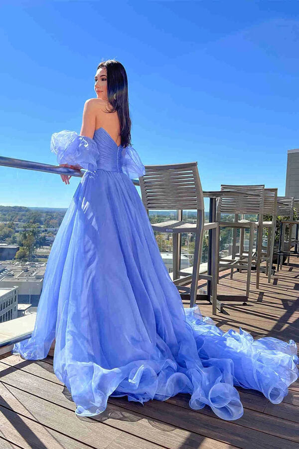 Beautiful Tulle A-line Blue Puff Sleeves Long Prom Dress, Evening Dress, MP765 | blue prom dresses | tulle prom dress | party dresses | musebridals.com