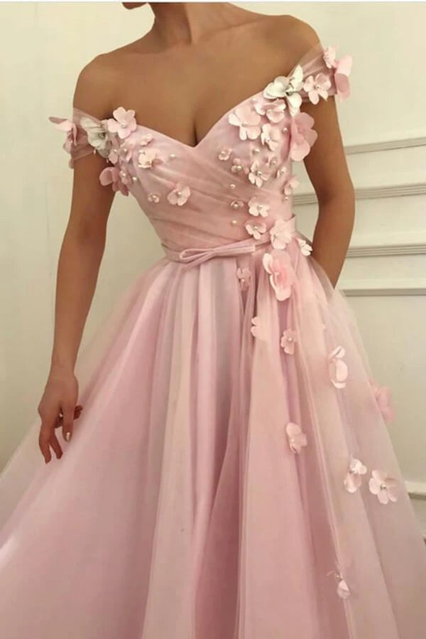 long dress with 3d flowers Peach Tulle A Line Long Prom Dresses With 3D Flowers, PL452