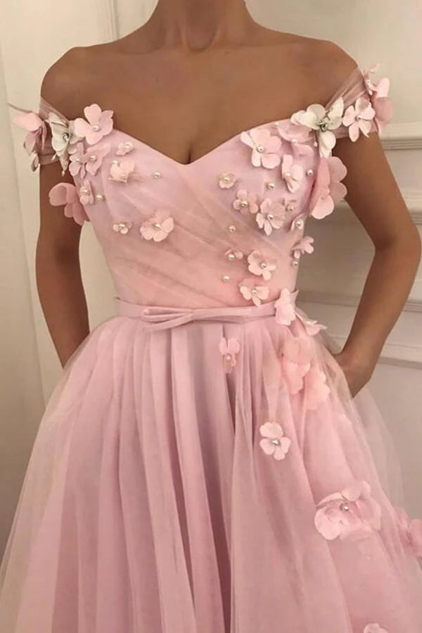 Beautiful Tulle A-line Off-the-Shoulder Long Prom Dresses With 3D Flowers, MP651 | v neck prom dresses | evening dresses | party dresses | www.musebridals.com