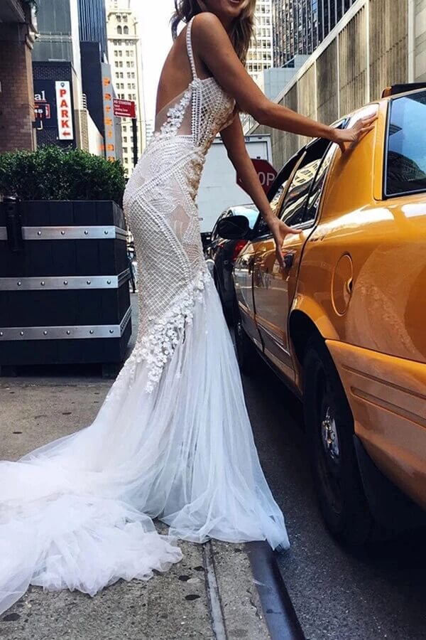 Beautiful Tulle Lace Ivory Mermaid Deep V-neck Long Wedding Dresses, MW520