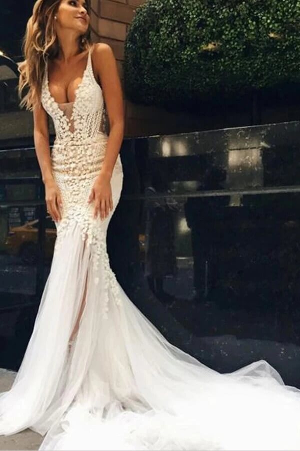 Beautiful Tulle Lace Ivory Mermaid Deep V-neck Long Wedding Dresses, MW520 Beautiful Tulle Lace Ivory Mermaid Deep V-neck Long Wedding Dresses, MW520