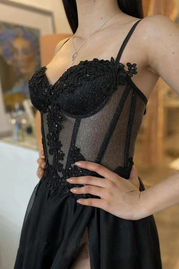 Black Halter A-Line Prom Dress with Appliques and Split main image 0