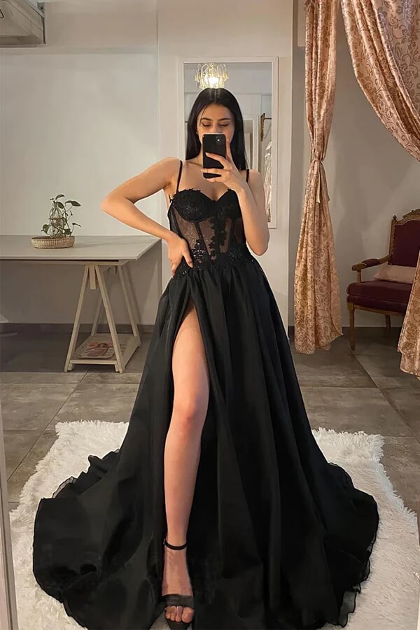 Black A-line Spaghetti Straps Thigh Split Prom Dresses With Lace Appliques,  MP819