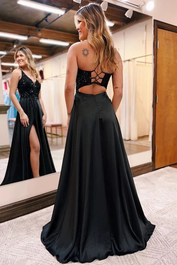 Simple V Neck Backless Black Long Prom Dresses with Double Slit