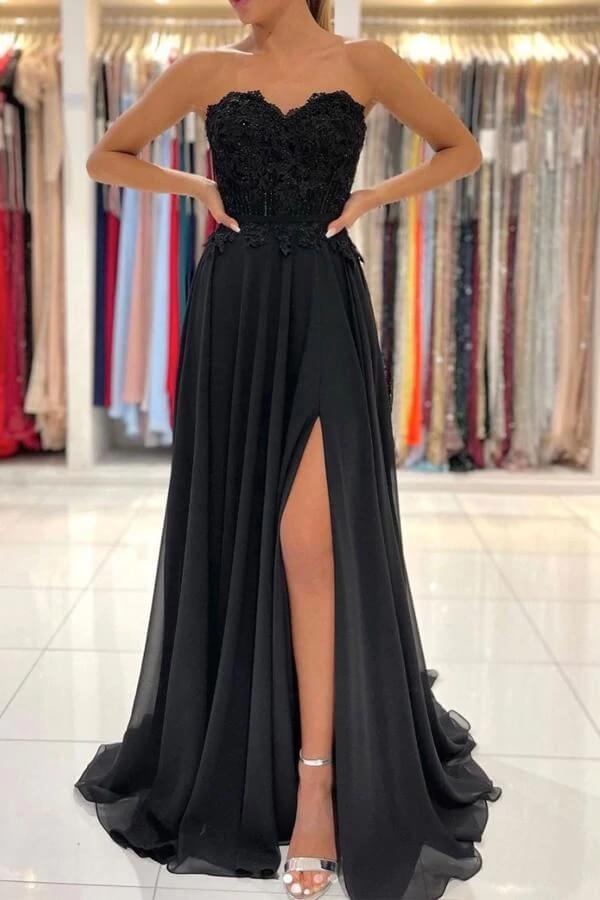 Black Chiffon Lace A-line Sweetheart Long Prom Dresses, Evening Gowns, MP680