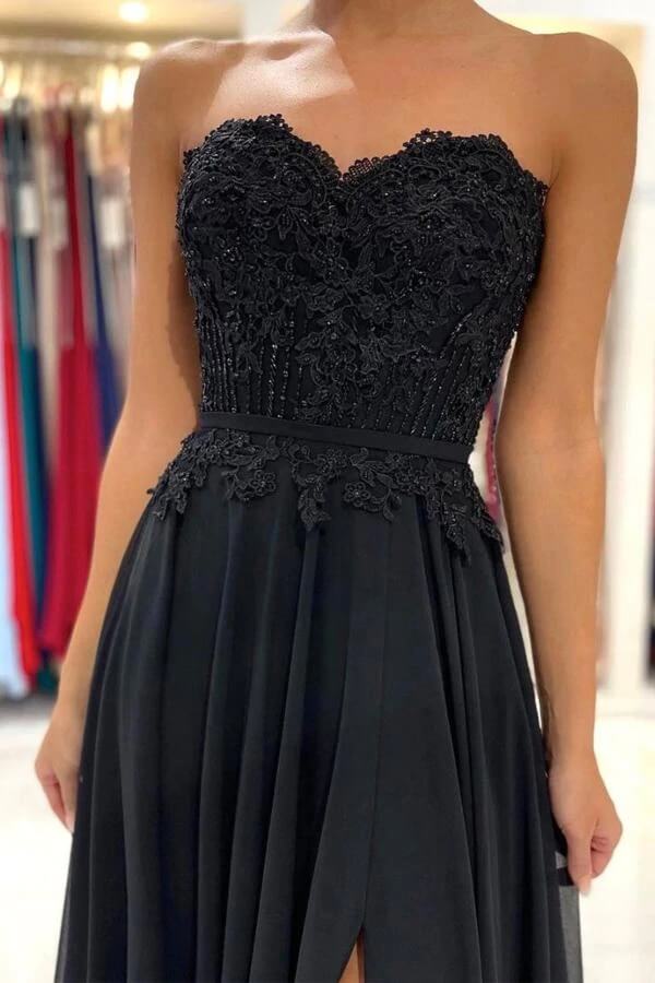 Black Chiffon Lace A-line Sweetheart Long Prom Dresses, Evening Gowns, MP680 | a line lace prom dresses | cheap long prom dresses | evening gown | www.musebridals.com