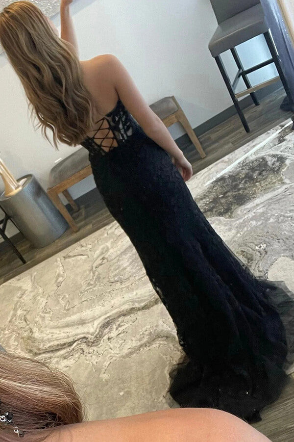 Black Lace Mermaid Sweetheart Long Prom Dresses With Slit, Party Dresses, MP801 | black lace prom dress | evening gown | new arrival prom dresses | musebridals.com