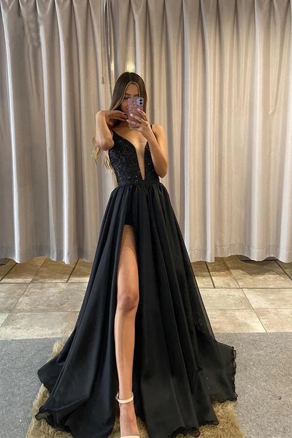 Black Sequins A-line V-neck Detachable Skirt Prom Dress, Evening Gown, MP762