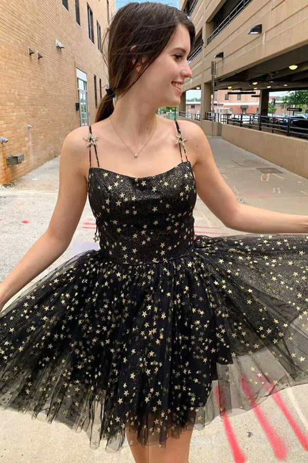 Black Tulle A-line Stars Short Homecoming Dresses MH552 | Musebridals Black Tulle A-line Stars Short Homecoming Dresses MH552 | Musebridals
