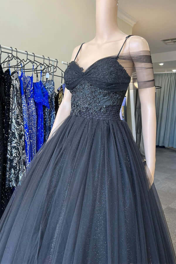 Black Tulle A-line Sweetheart Cold-Shoulder Prom Dresses, Evening Gown,  MP760