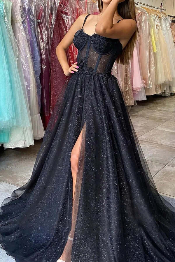 Black Tulle A-line Sweetheart Spaghetti Straps Prom Dresses With Side Slit, MP699 | a line prom dresses | lace prom dresses | evening gowns | musebridals.com