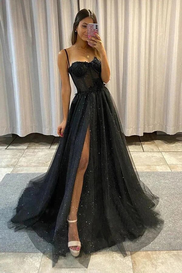Black Tulle A-line Sweetheart Spaghetti Straps Prom Dresses With Side Slit,  MP699