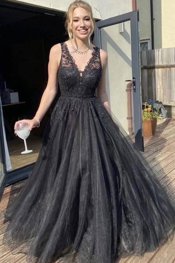 Black Tulle A-line V-neck Prom Dresses With Lace Appliques, Evening Dress, MP751 Black Tulle A-line V-neck Prom Dresses With Lace Appliques, Evening Dress, MP751
