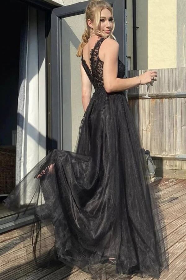Black Tulle A-line V-neck Prom Dresses With Lace Appliques, Evening Dress, MP751 | tulle prom dresses | long formal dresses | party dresses | musebridals.com