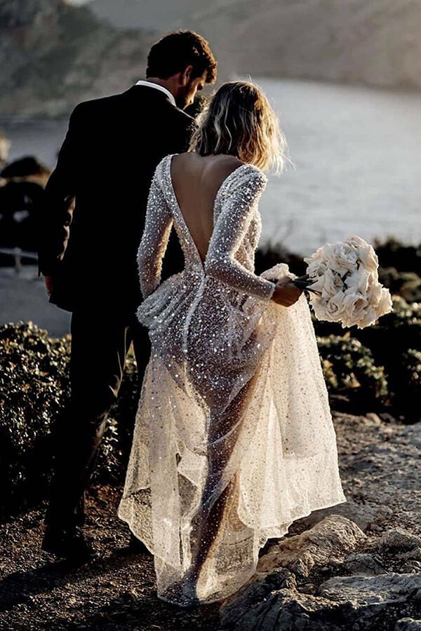 Lace A-line V-neck Long Sleeves Wedding Dresses, MW572 | Musebridals Lace A-line V-neck Long Sleeves Wedding Dresses, MW572 | Musebridals