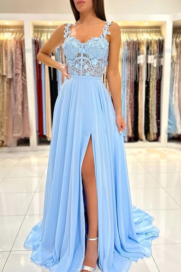 Blue Chiffon A-line Prom Dress With Lace Appliques MP737 | Musebridals Blue Chiffon A-line Prom Dress With Lace Appliques MP737 | Musebridals