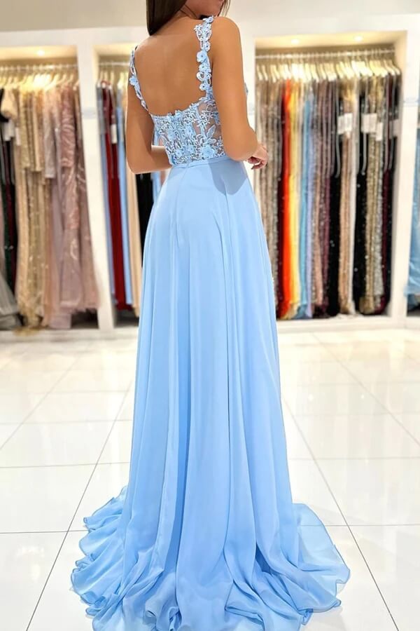 Blue Chiffon A-line Prom Dresses With Lace Appliques, Evening Gowns, MP737 Blue Chiffon A-line Prom Dresses With Lace Appliques, Evening Gowns, MP737