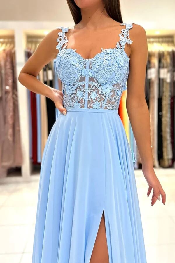 Blue Chiffon A-line Prom Dresses With Lace Appliques, Evening Gowns, MP737