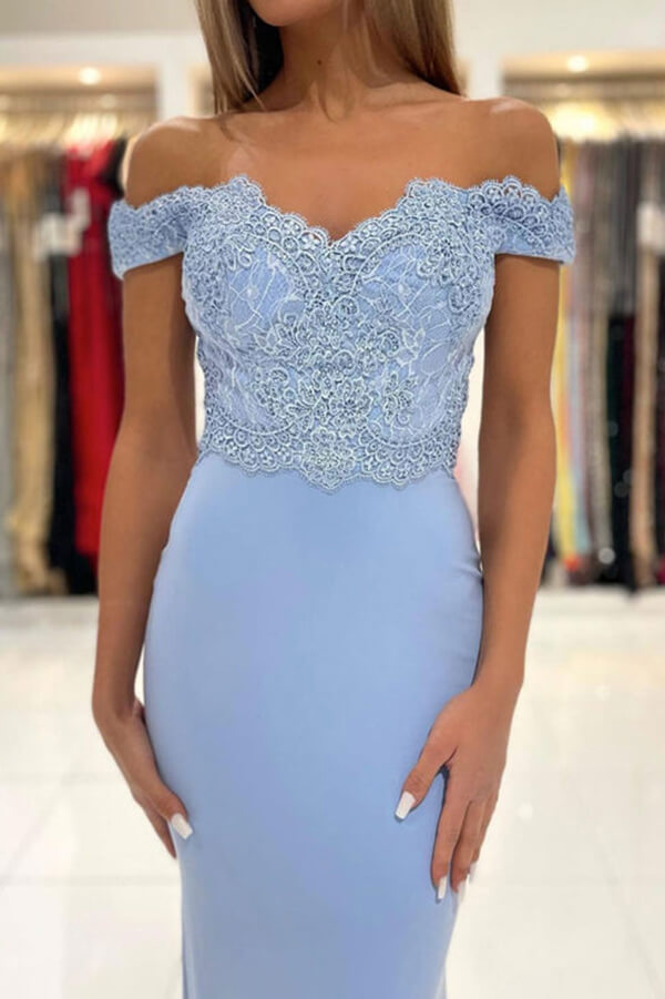 knee length dresses for ladies Blue Chiffon Mermaid Off Shoulder Lace Prom Dress MP702