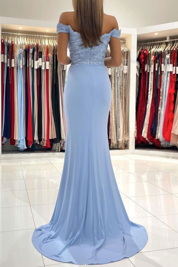 Blue Chiffon Mermaid Off Shoulder Lace Prom Dress MP702