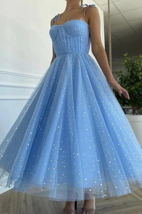 Blue Sequins Tulle Tea Length Short Prom Dresses, Homecoming Dresses, MH538 Blue Sequins Tulle Tea Length Short Prom Dresses, Homecoming Dresses, MH538