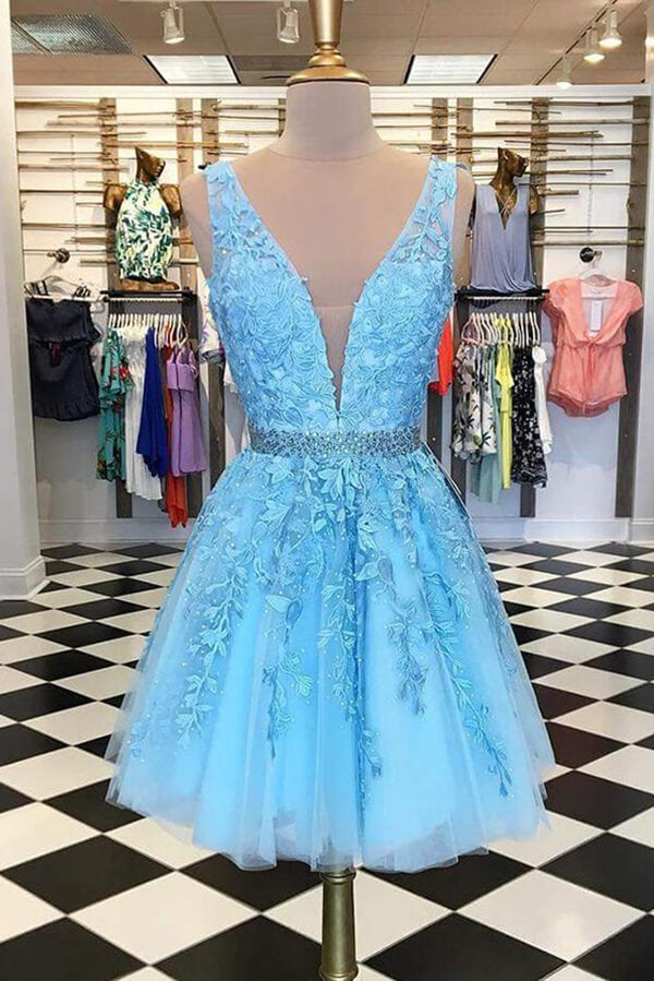 Blue Tulle A-line Beaded Short Homecoming Dresses With Appliques, MH525