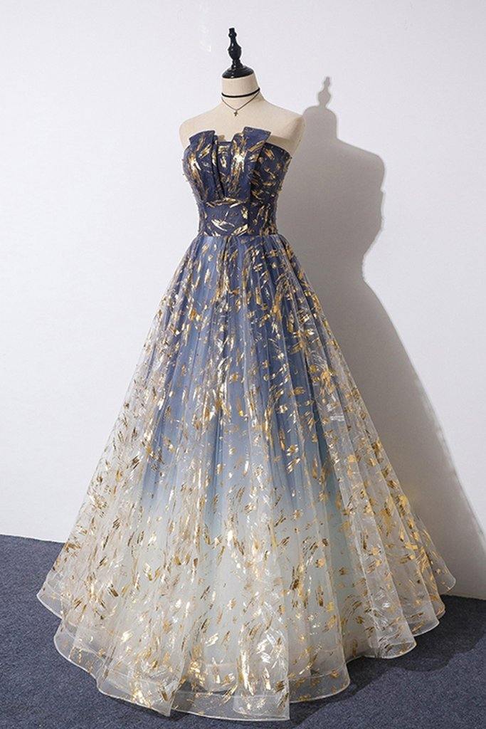 Blue Tulle A-line Floral Print Strapless Prom Dresses, Long Formal Dresses, MP698 | blue prom dresses | cheap prom dresses | evening dresses | www.musebridals.com