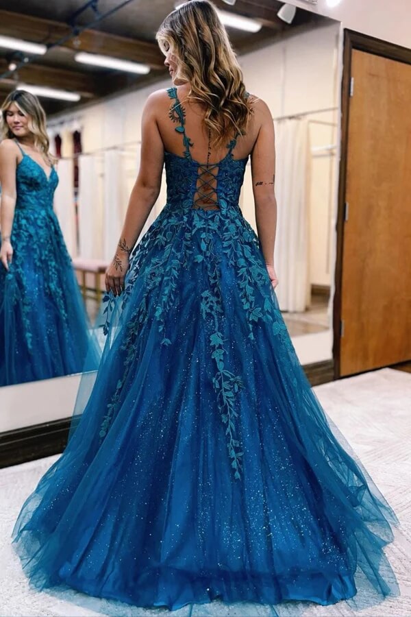 Blue Tulle A line Prom Dresses With Lace Appliques MP806 Musebridals