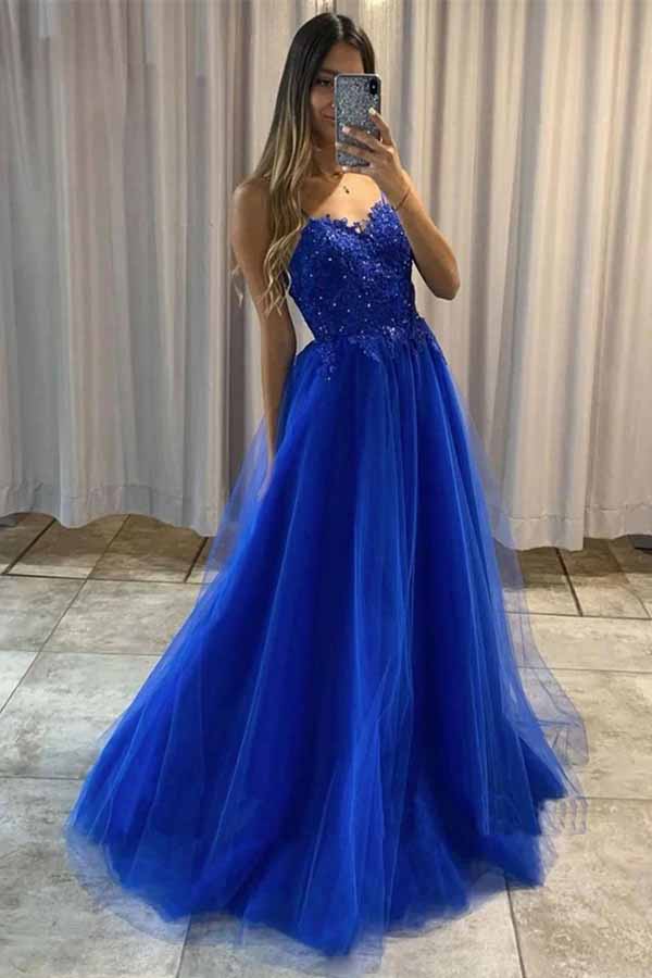 Blue Spaghetti Straps Floor length Prom Dresses MP669