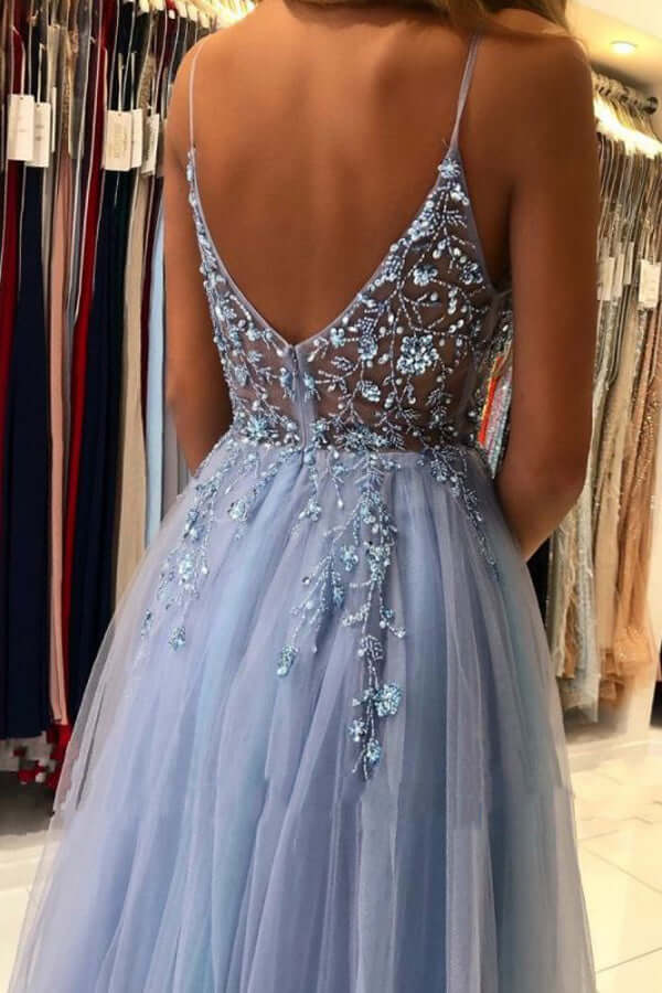Blue Tulle A-line V-neck Beaded Long Prom Dresses, Long Formal Dress, MP652 | a line v neck prom dress | party dresses | prom dresses stores | www.musebridals.com