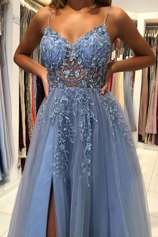 Blue Tulle A line V neck Beaded Long Prom Dresses Long Formal Dress MP652