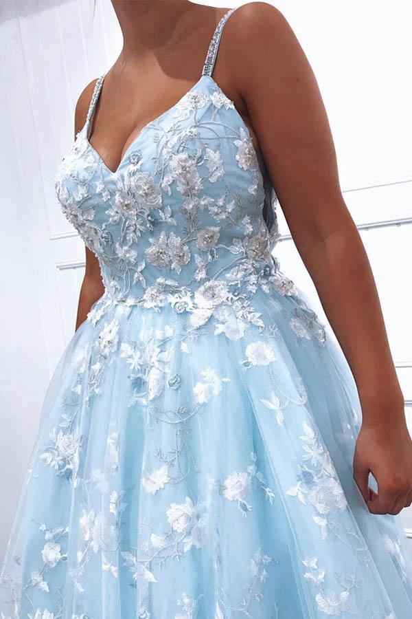 Blue Tulle A-line V-neck Lace Appliques Prom Dress MP796